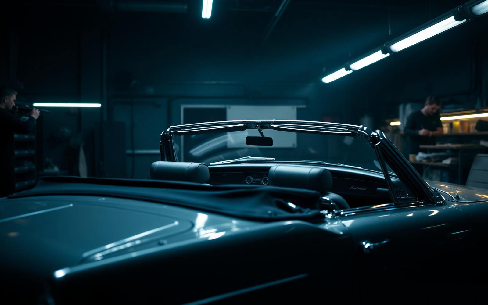 Convertible car in an automotive upholstery workshop